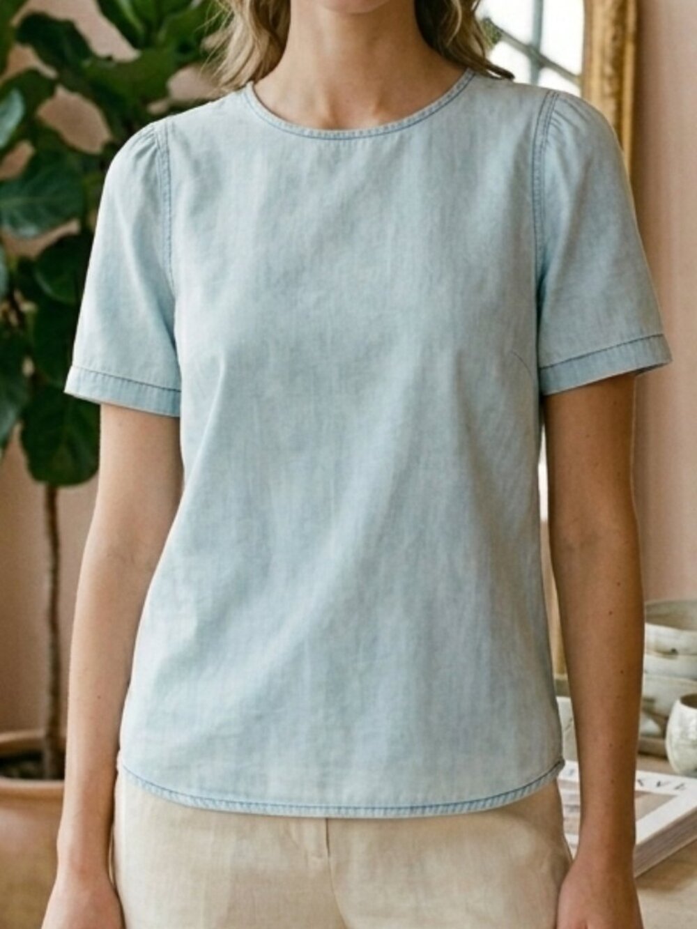 Puff Sleeve Current Air Light Blue Lyocell Chambray Blouse Top Size XS